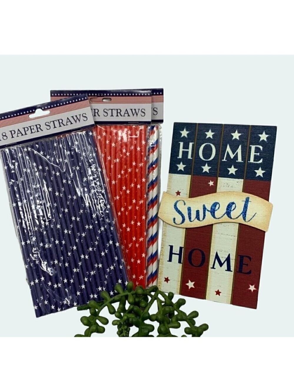 Patriotic Home Sweet Home Sign 8 Inch 54 Paper Straws Stars Stripes Red White